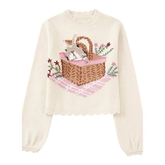 SundayUp Bunny Sweater Womens Sz L Cottagecore Cropped Rabbit coquette - Picture 1 of 8